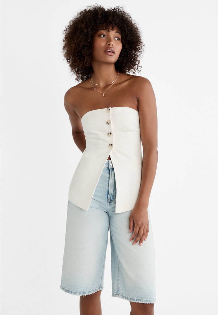 Stradivarius Top Bustieră Cu Nasturi Ecru S