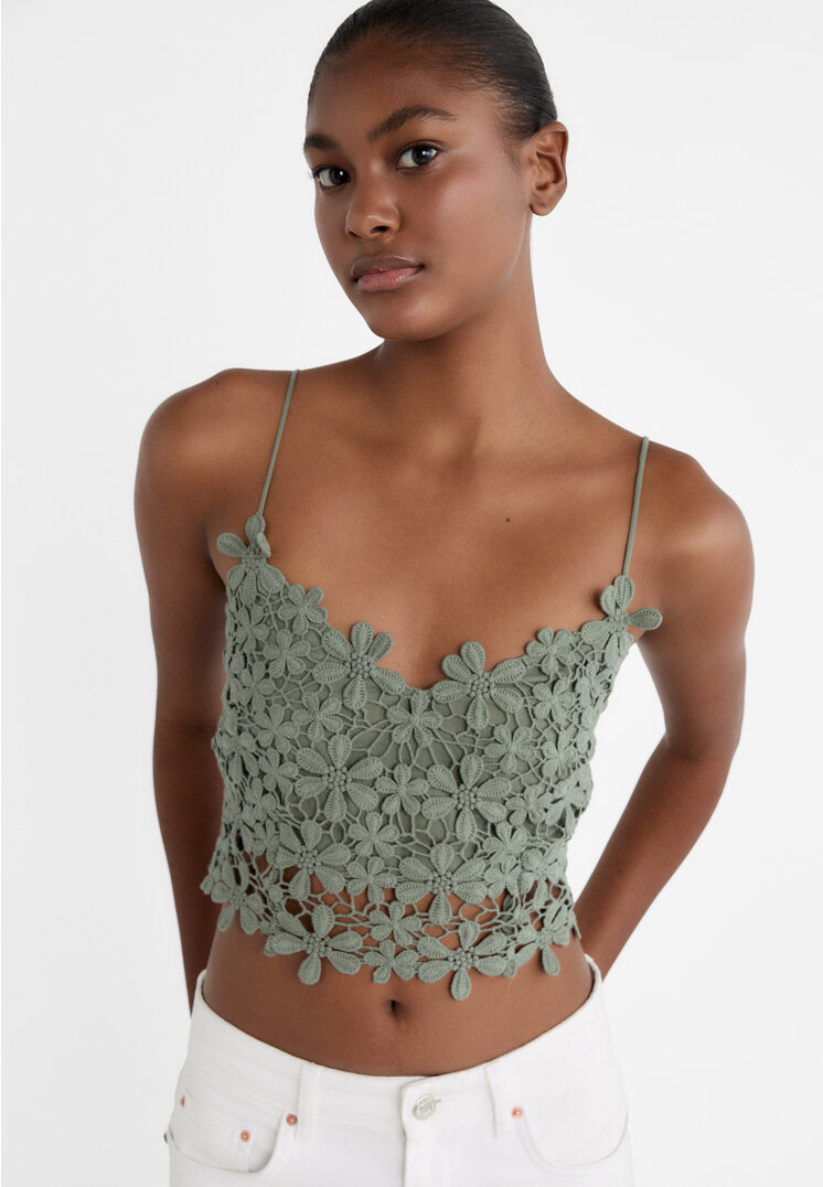 

Stradivarius Szydełkowy top na ramiączkach Khaki S