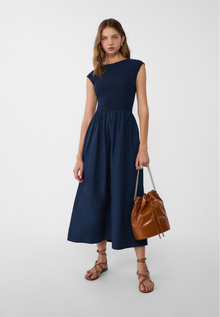 Stradivarius Rochie Midi Combinată Cu Mânecă Foarte Scurtă Bleumarin M