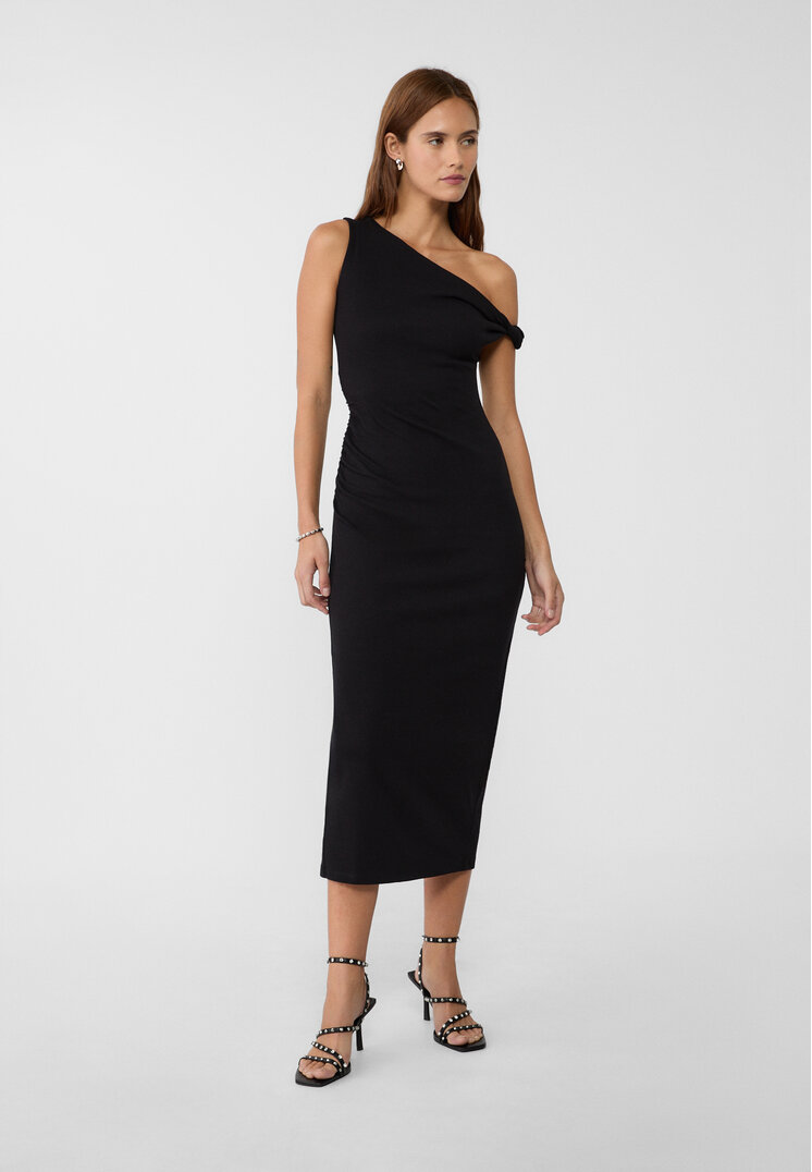 Stradivarius Rochie Midi Cu Decolteu Asimetric Negru S
