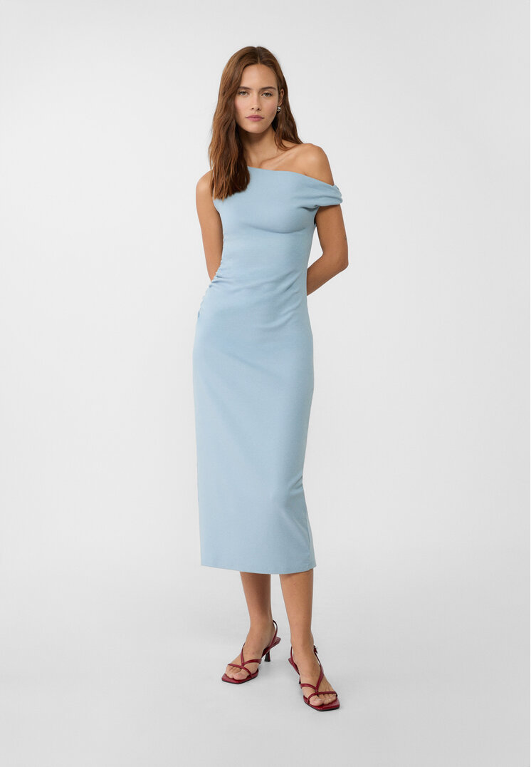 Stradivarius Rochie Midi Cu Decolteu Asimetric Azuriu S