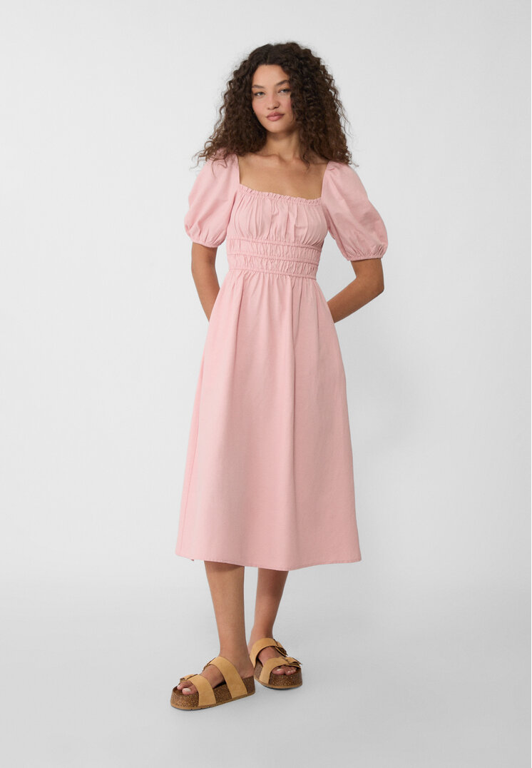 Stradivarius Rochie Midi Vaporoasă Cu In Și Mâneci Bufante Roz Pastel S