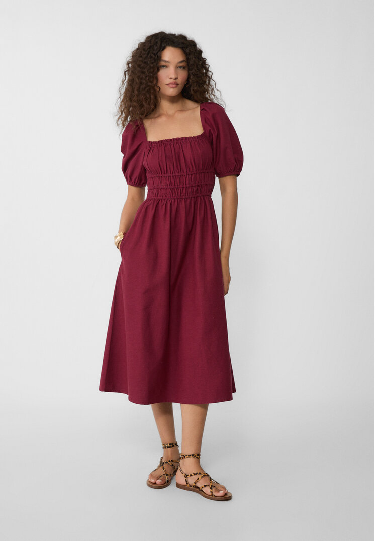 Stradivarius Rochie Midi Vaporoasă Cu In Și Mâneci Bufante Grena L