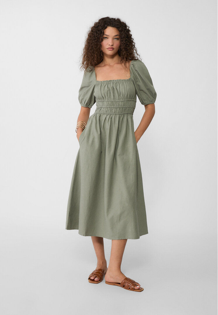 Stradivarius Rochie Midi Vaporoasă Cu In Și Mâneci Bufante Kaki Xl