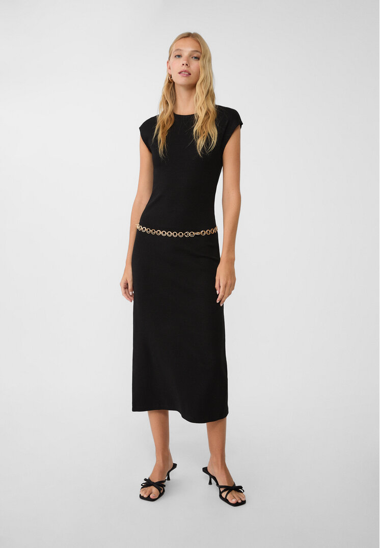 Stradivarius Rochie Midi Rib Negru S