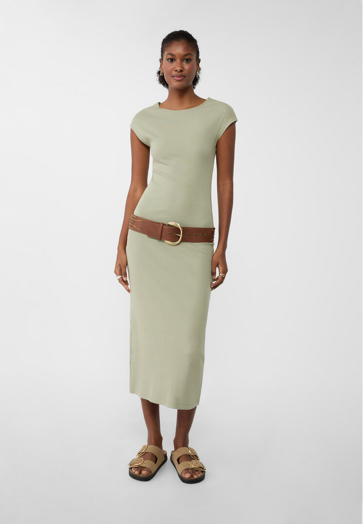 Stradivarius Rochie Midi Rib Kaki Xs