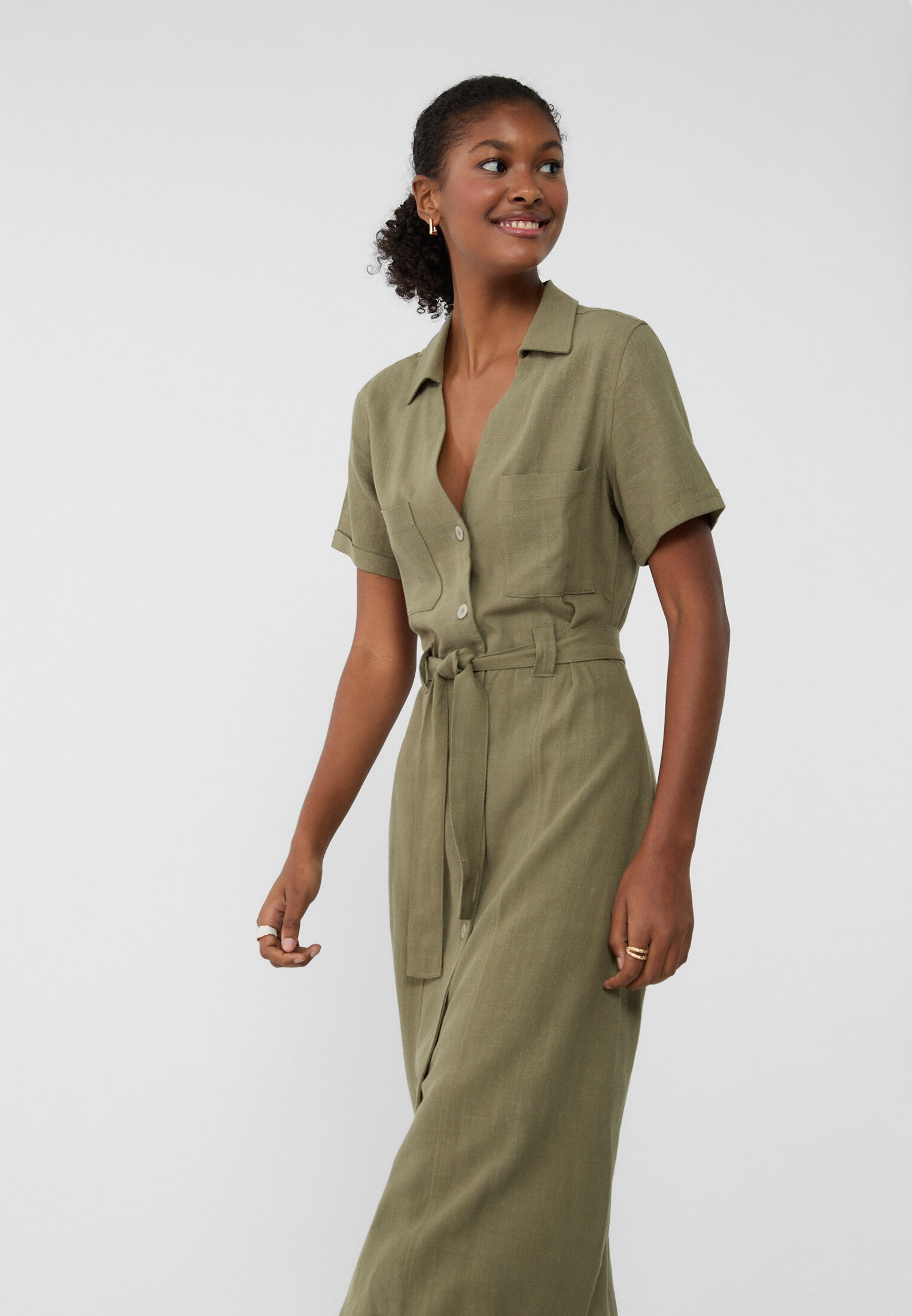 Linen blend midi shirt dress - Women's fashion | Stradivarius United States