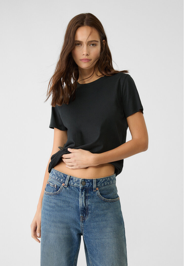 Stradivarius Tricou Simplu Cu Mânecă Scurtă Negru L