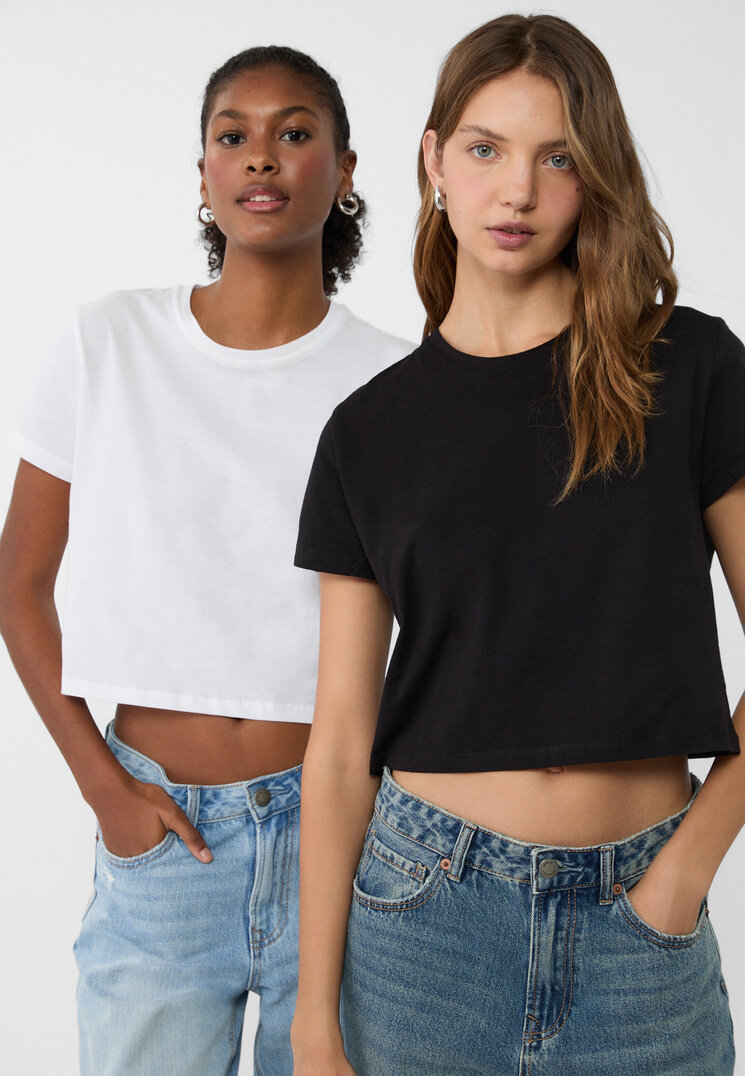 Stradivarius Set De 2 Bluze Cropped Cu Mânecă Scurtă Negru S