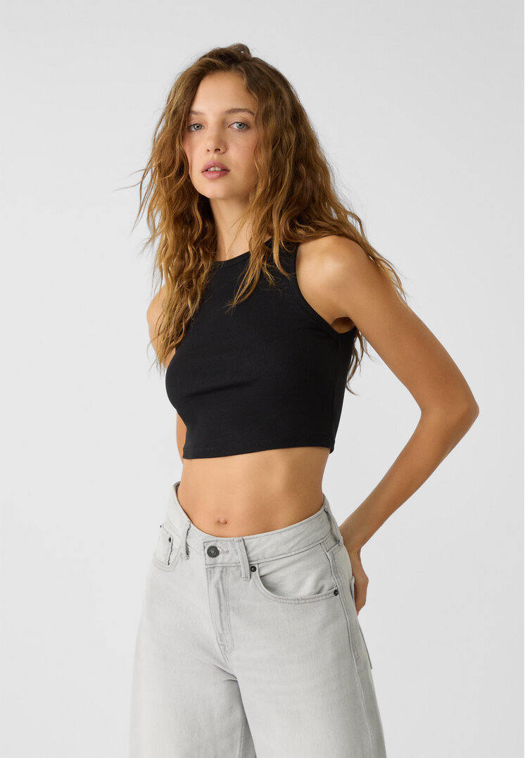 Stradivarius Basic-Cropped-Shirt gerippt Schwarz M