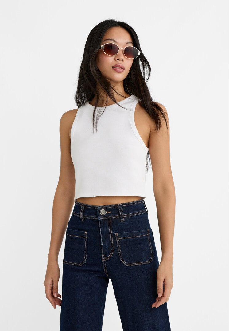 Stradivarius Tricou Cropped Simplu Din Reiat Alb M