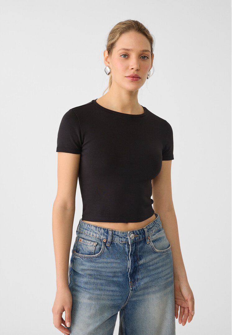 Stradivarius Tricou Cropped Din Bumbac Cu Mânecă Scurtă Negru S