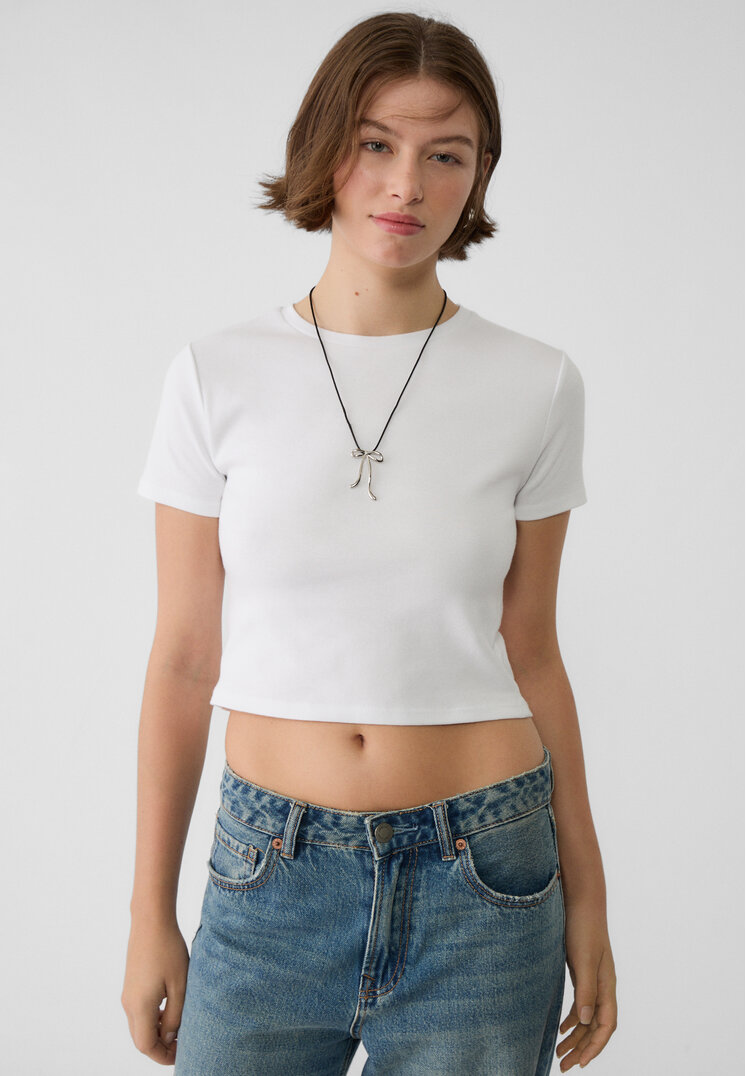Stradivarius Tricou Cropped Din Bumbac Cu Mânecă Scurtă Alb S