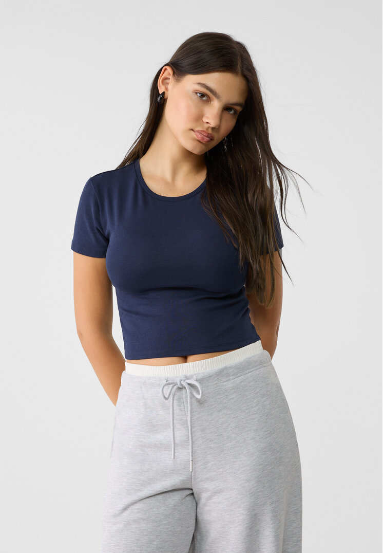 Stradivarius Tricou Cropped Din Bumbac Cu Mânecă Scurtă Bleumarin M