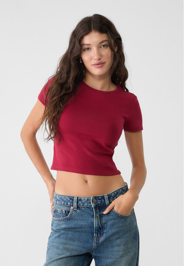Stradivarius Tricou Cropped Din Bumbac Cu Mânecă Scurtă Grena L