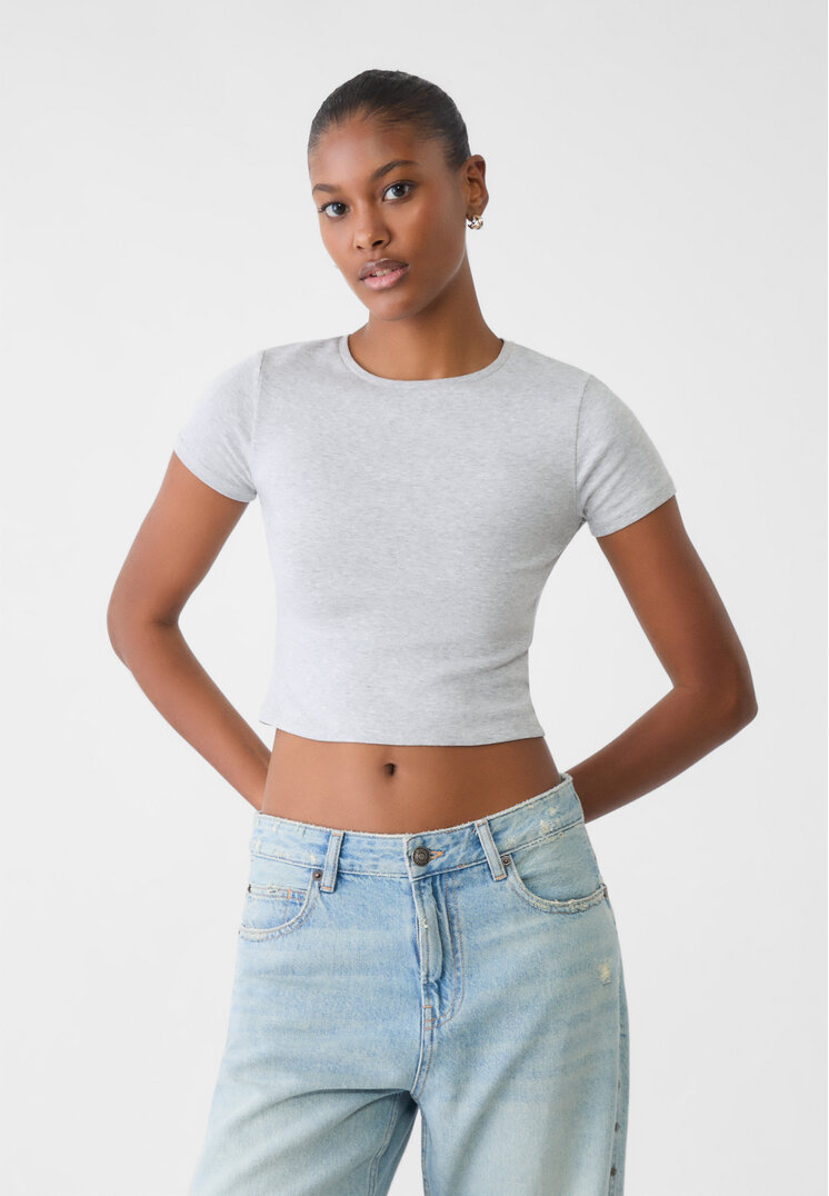 Stradivarius Tricou Cropped Din Bumbac Gris Amestec Xl