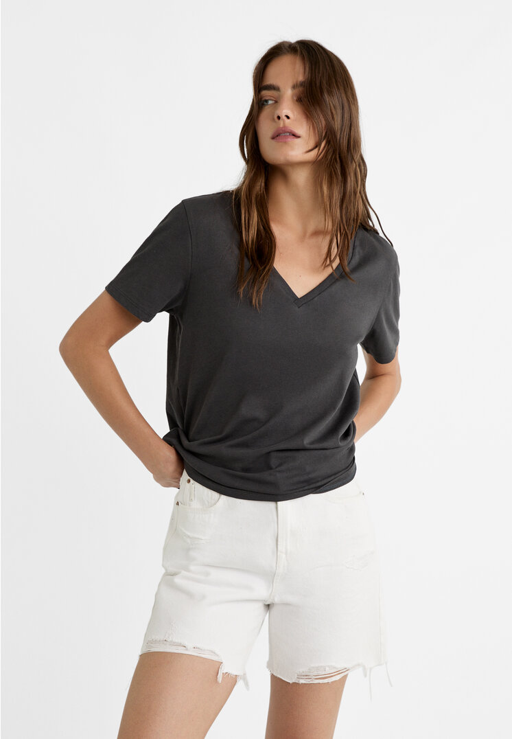 Stradivarius Tricou Simplu Cu Guler În V Gri Închis Xl