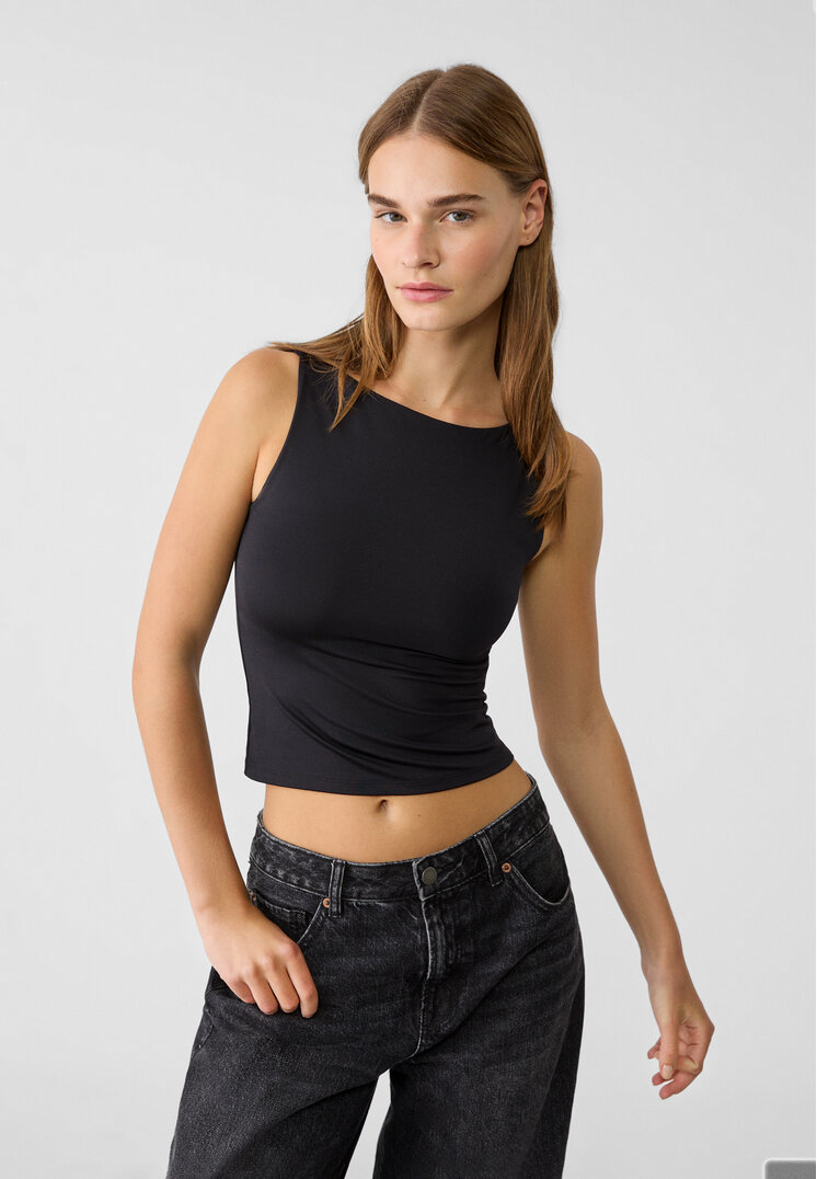 Stradivarius Tricou Din Poliamidă Cu Decolteu Tip Bărcuță Negru Xl