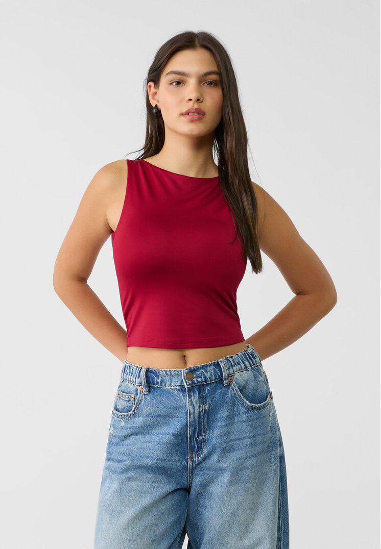 Stradivarius Tricou Din Poliamidă Cu Decolteu Tip Bărcuță Grena M