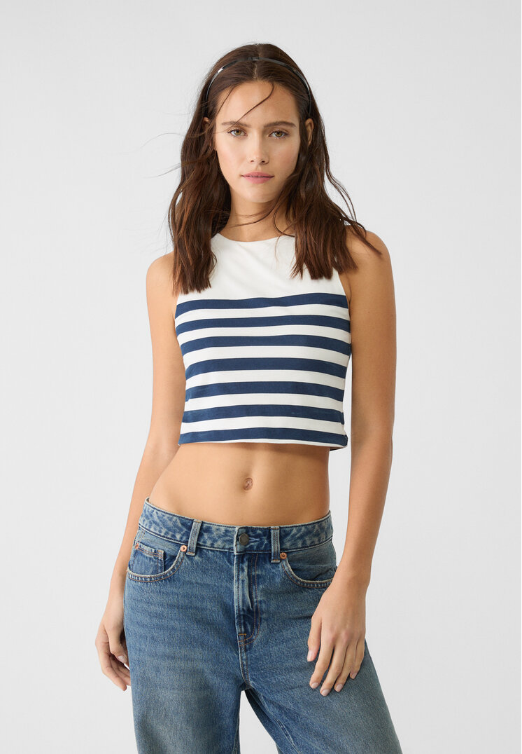 Stradivarius Tricou Din Bumbac Fără Mâneci Cu Dungi Bleumarin L