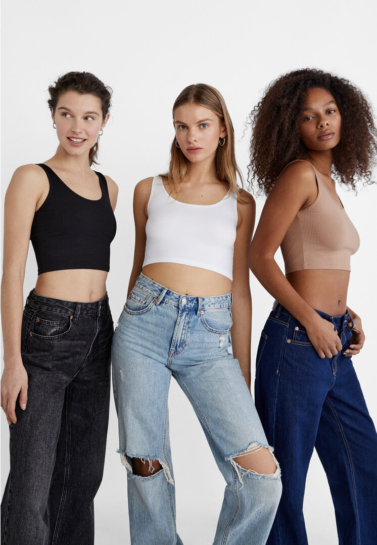 Stradivarius Set De 3 Topuri Cropped Cu Bretele Negru M