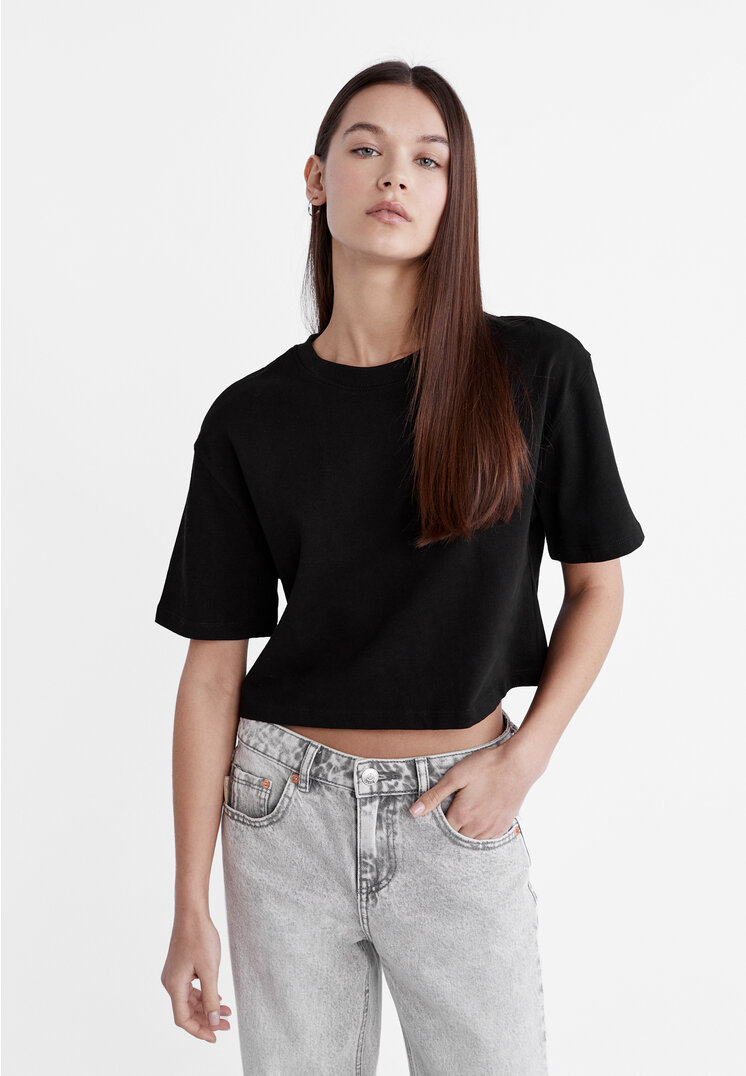 Stradivarius Tricou Scurt Heavy Bumbac Negru M