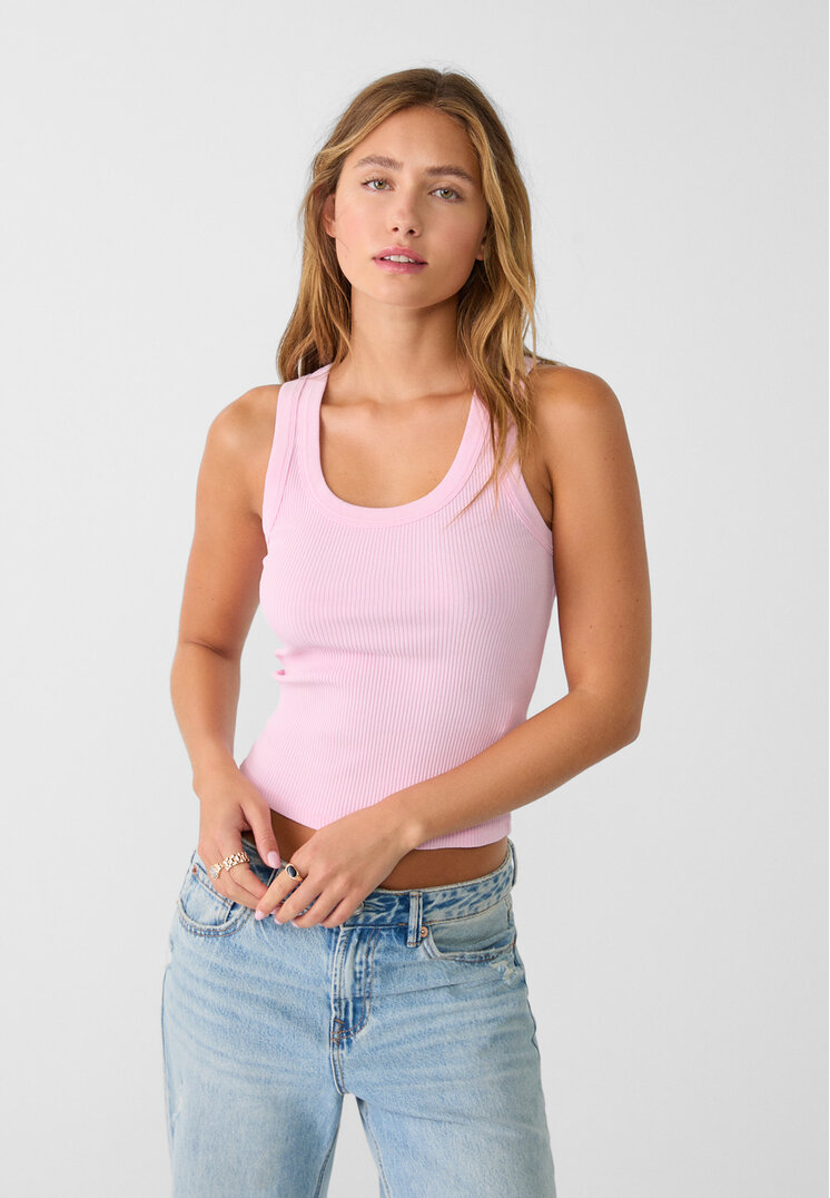 Stradivarius Tricou Reiat Cu Spate Tip Înotător Și Efect Prespălat Roz Pastel Xs