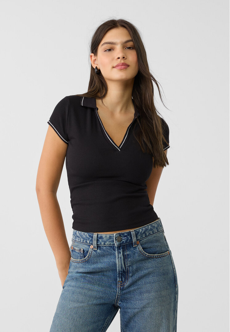 Stradivarius Tricou Polo Cu Detaliu Contrastant Negru M
