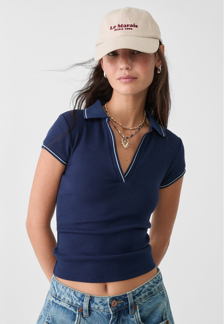 Stradivarius Tricou Polo Cu Detaliu Contrastant Bleumarin Xs