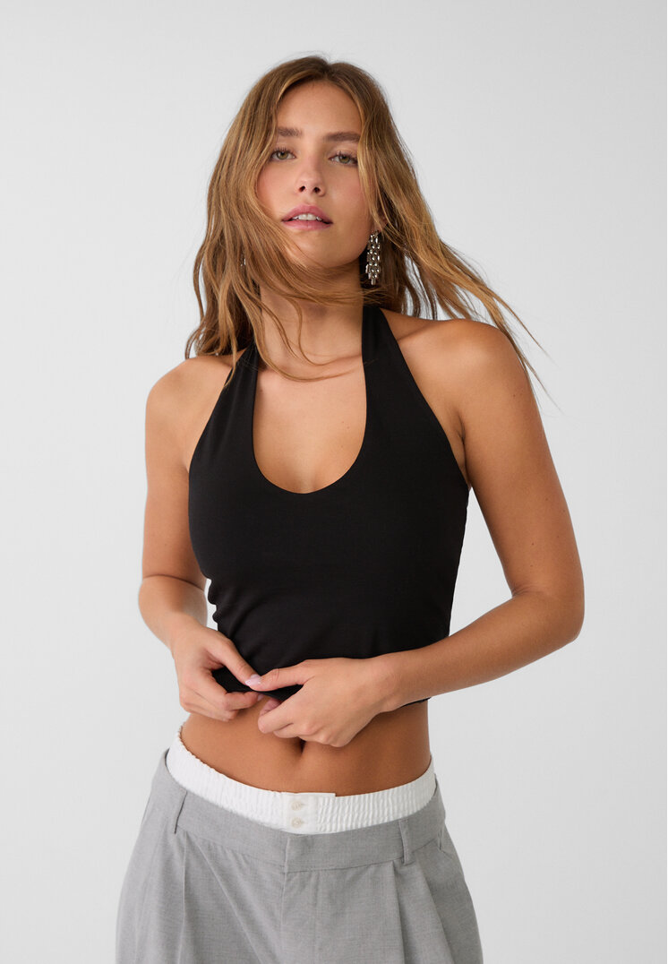 Stradivarius Top Scurt Halter Negru M