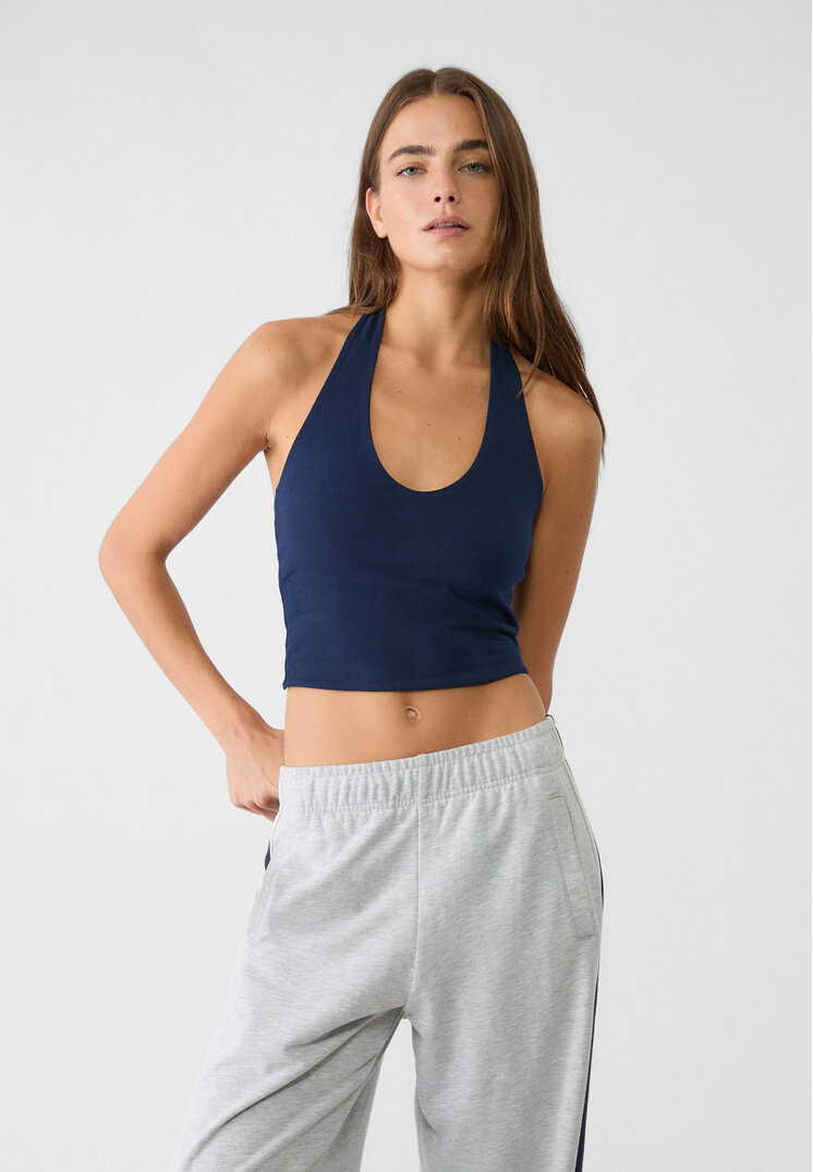 Stradivarius Top Scurt Halter Bleumarin M