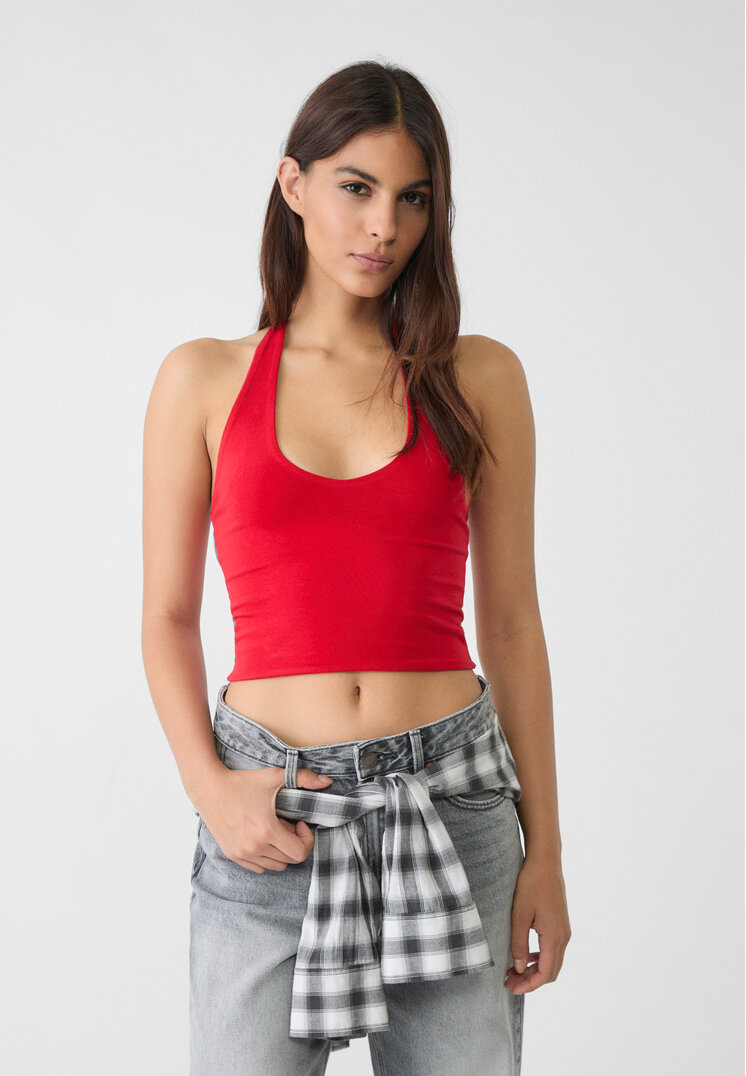 Stradivarius Top Scurt Halter Roșu Xs