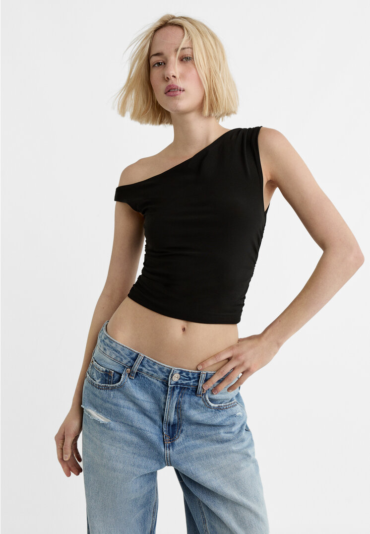 Stradivarius Tricou Scurt Asimetric Cu Detaliu Încrețit Negru L