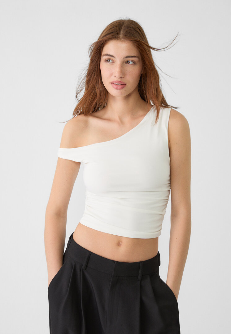 Stradivarius Tricou Scurt Asimetric Cu Detaliu Încrețit Alb S