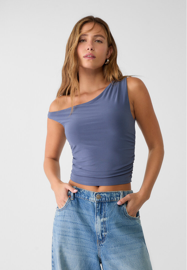 Stradivarius Tricou Scurt Asimetric Cu Detaliu Încrețit Indigo Xs