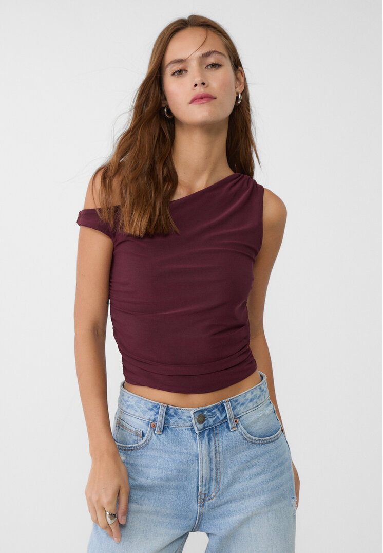 Stradivarius Tricou Scurt Asimetric Cu Detaliu Încrețit Mov S