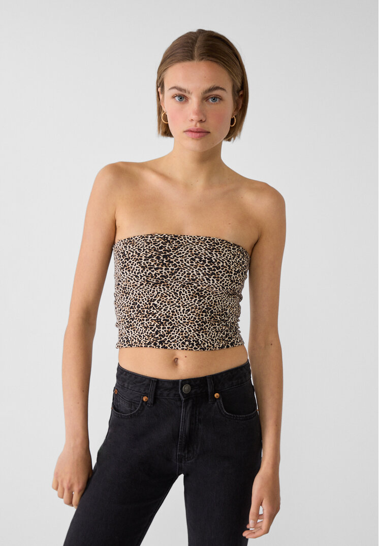 Stradivarius Top Bandeau Cu Imprimeu Bej L