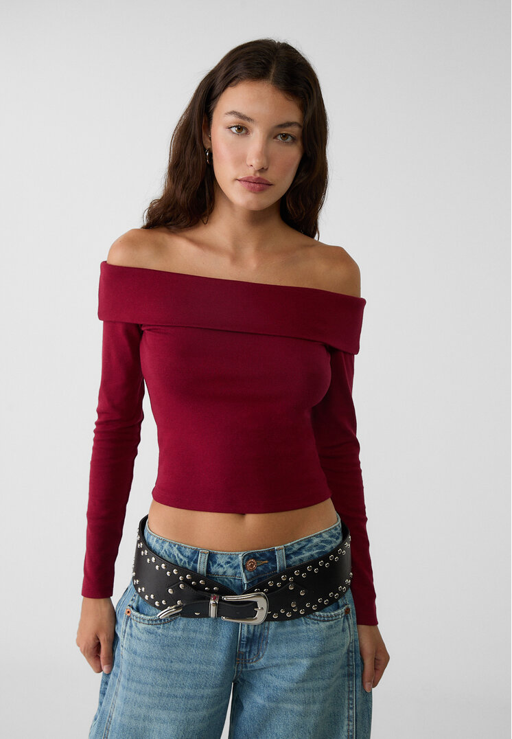 Stradivarius Tricou Cu Umeri Goi Grena S
