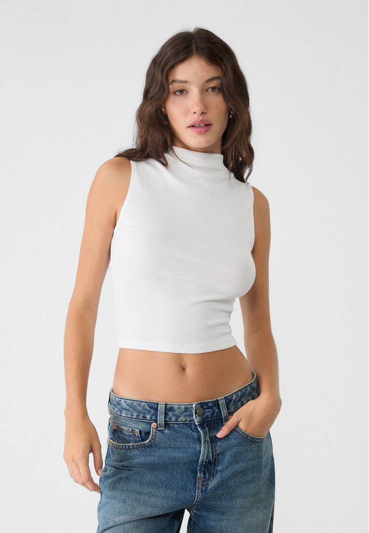 Stradivarius Tricou Cu Guleraș Alb Xl