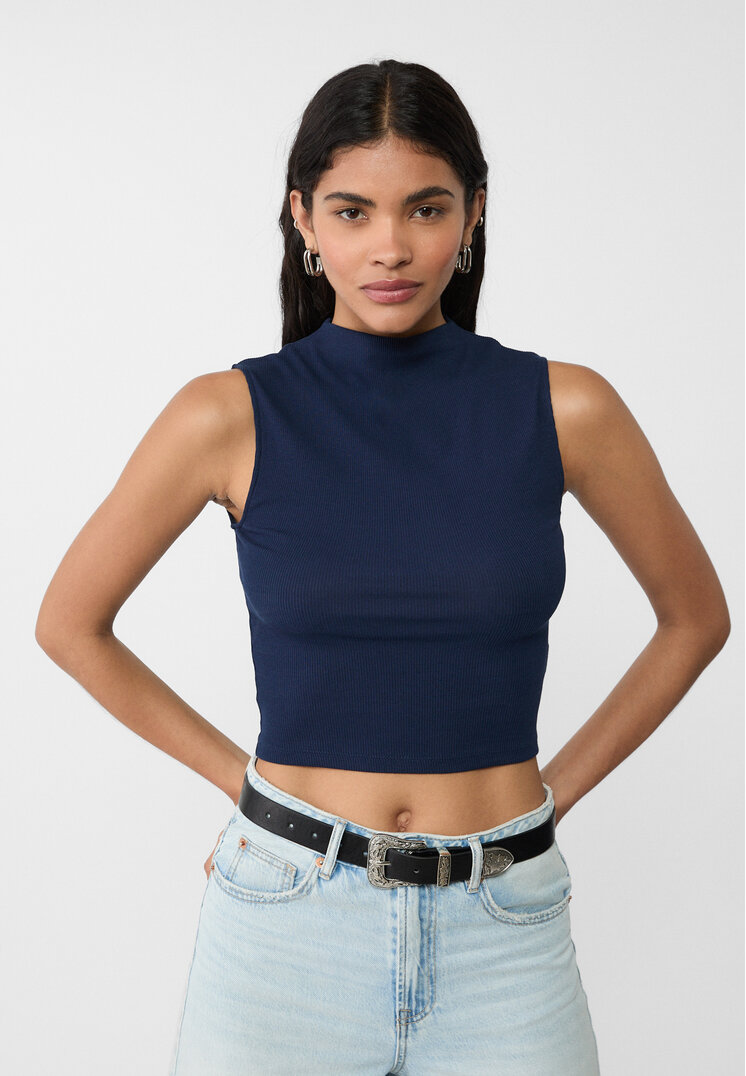 Stradivarius Tricou Cu Guleraș Bleumarin Xs