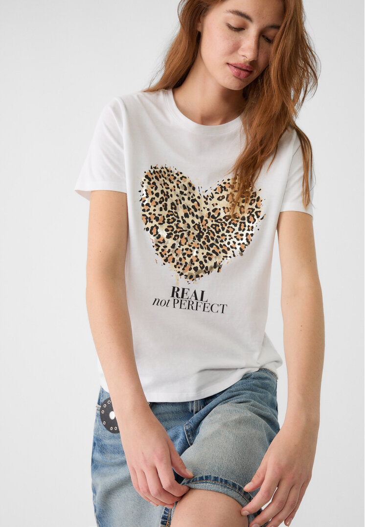 Stradivarius Tricou Cu Imprimeu Inimă Cu Animal Print Alb S
