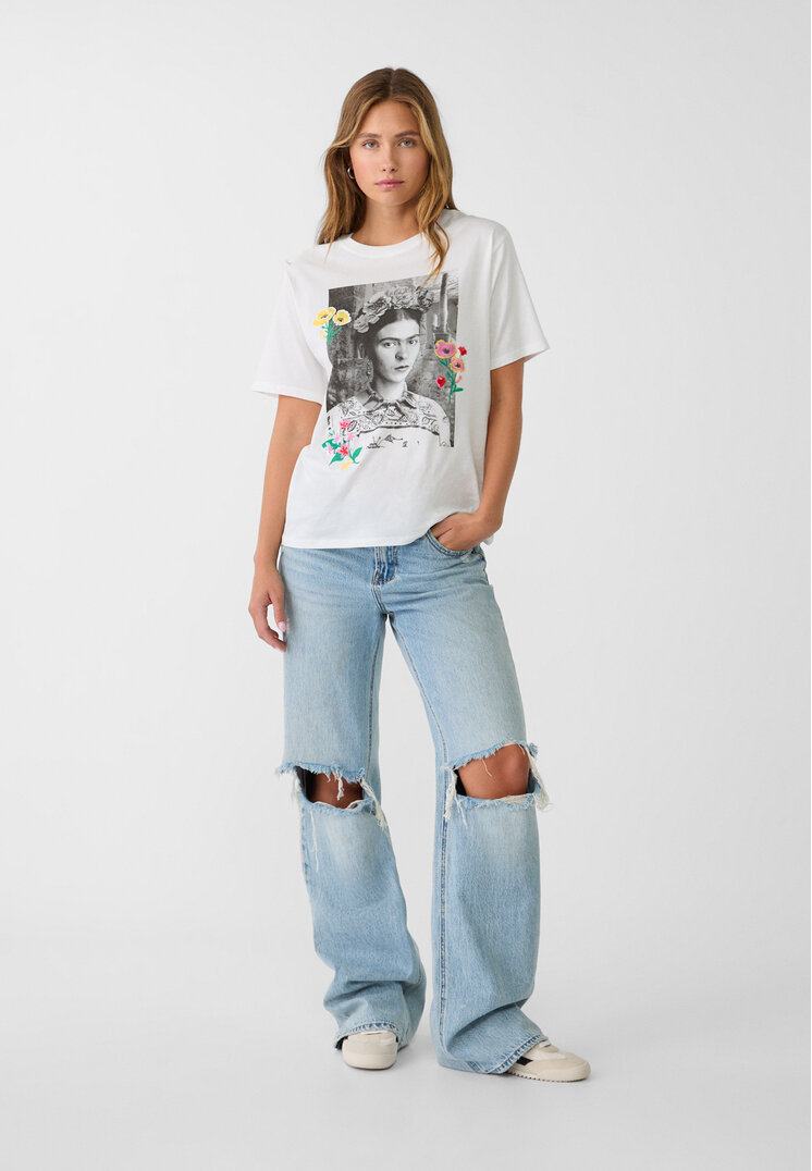 Stradivarius Frida Kahlo T-shirt with embroidery White L