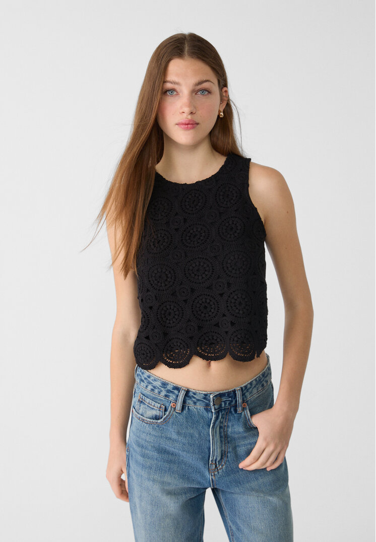 Stradivarius Tricou Fără Mâneci Cu Efect Croșetat Negru M