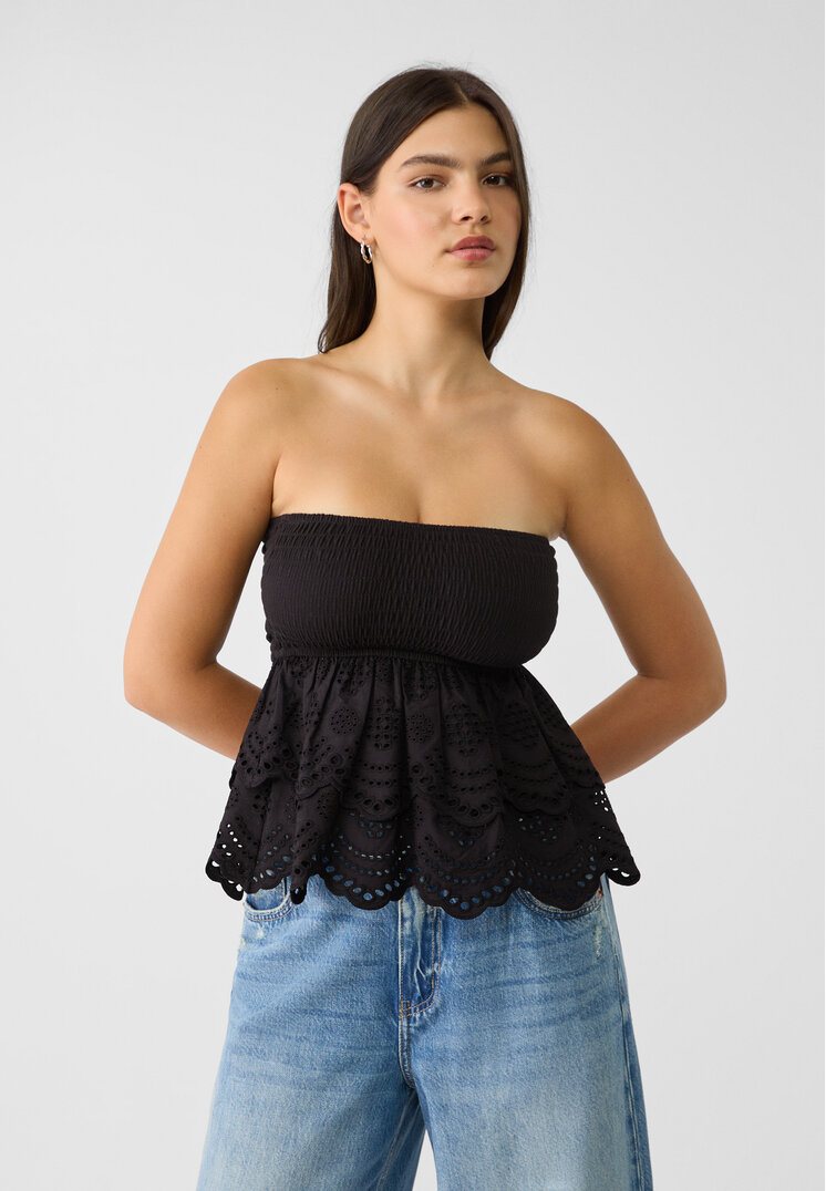Stradivarius Top Bandeau Cu Broderie Negru M