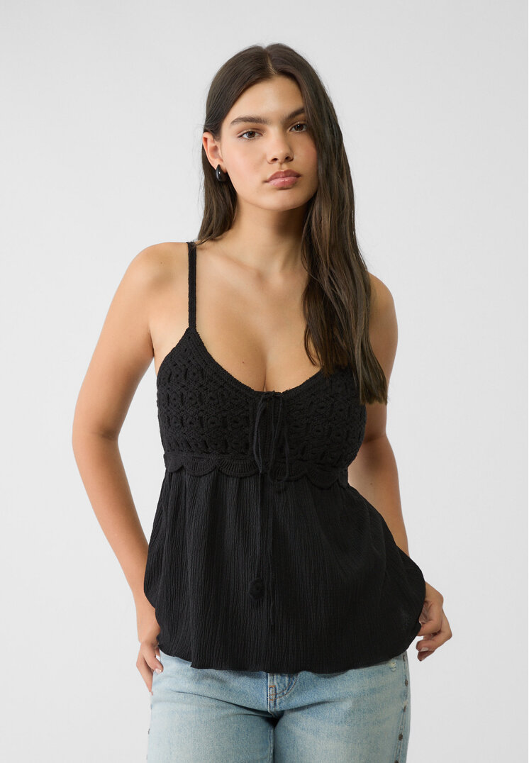Stradivarius Top Vaporos Combinat Cu Croșet Negru S