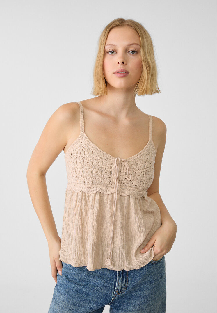 Stradivarius Top Vaporos Combinat Cu Croșet Piatră M