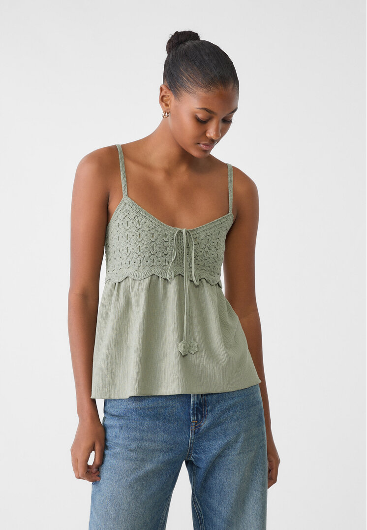 Stradivarius Flowing Matching Crochet Top  Khaki L