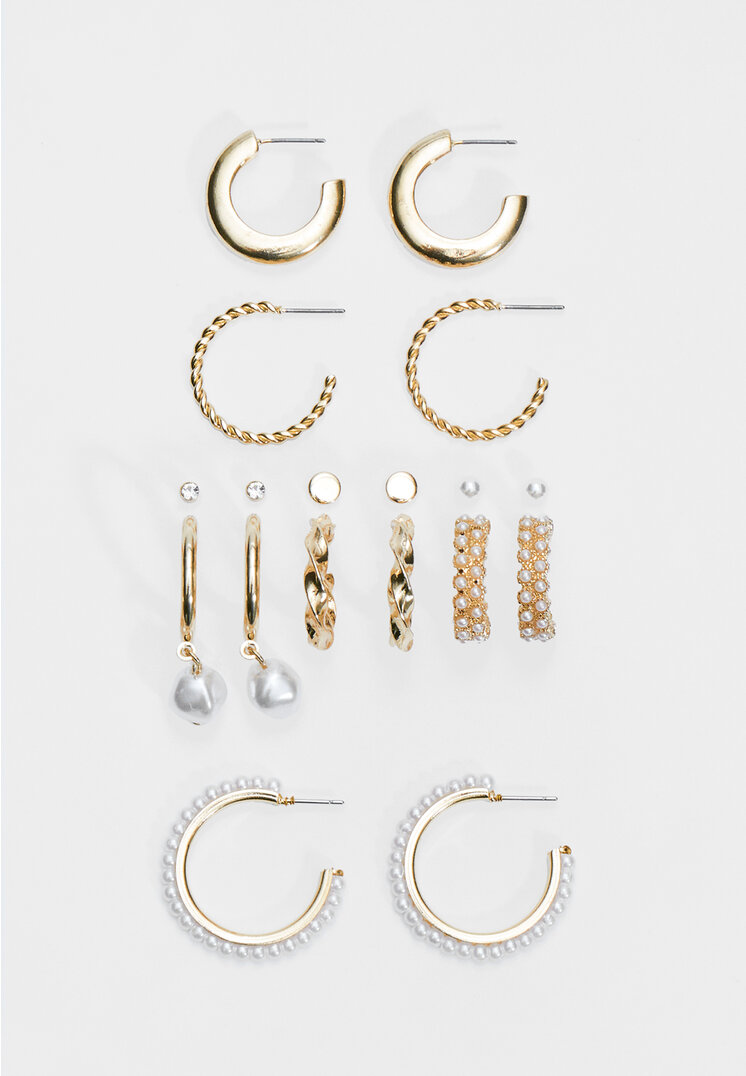 Stradivarius Set De 9 Perechi De Cercei Și Creole Cu Perle Auriu Os