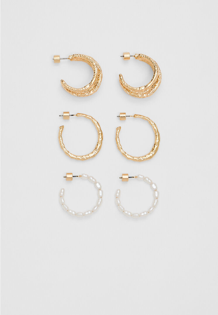 Stradivarius Set De 3 Perechi De Cercei Tip Verigă Cu Perlă Auriu Os