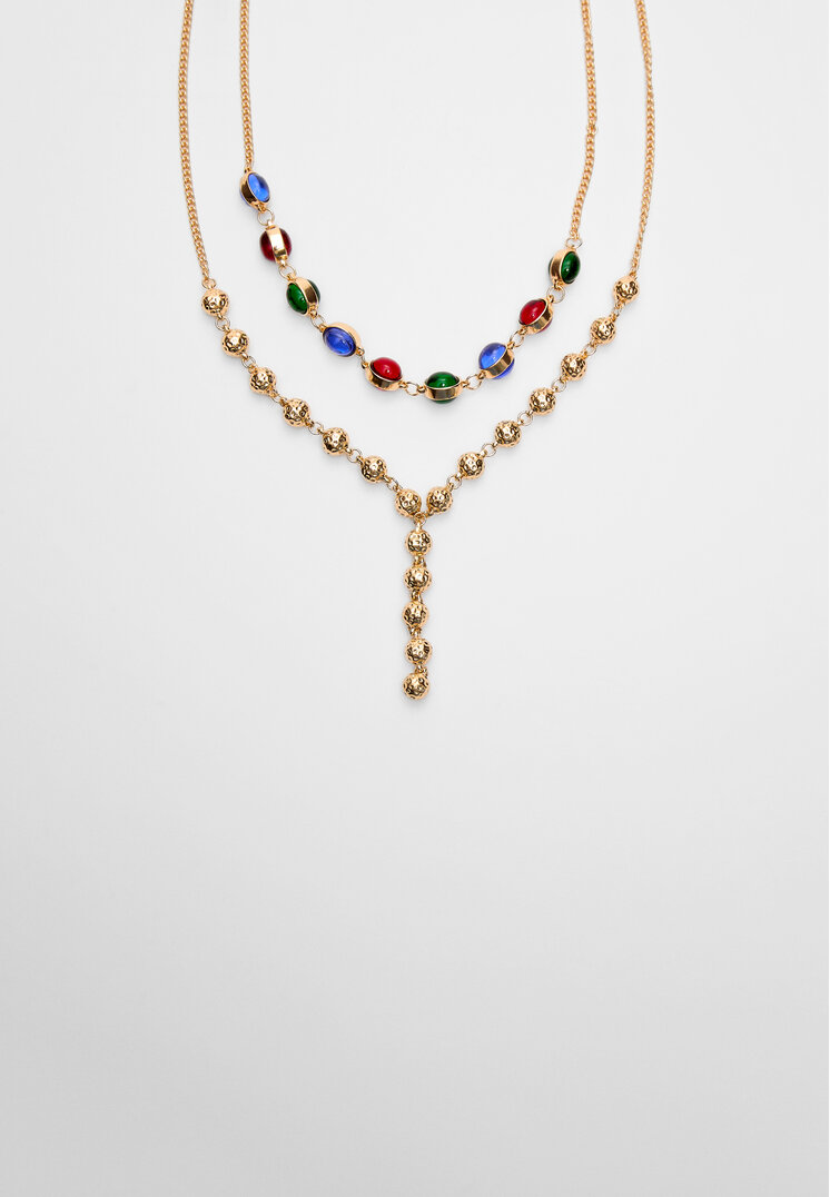 Stradivarius Set De 2 Coliere Mărgele Colorate Auriu Os